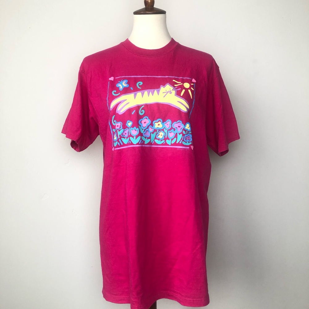 Vintage 90s Cat Pink T-Shirt Size Large Retro Short Sleeve 100% Cotton Top